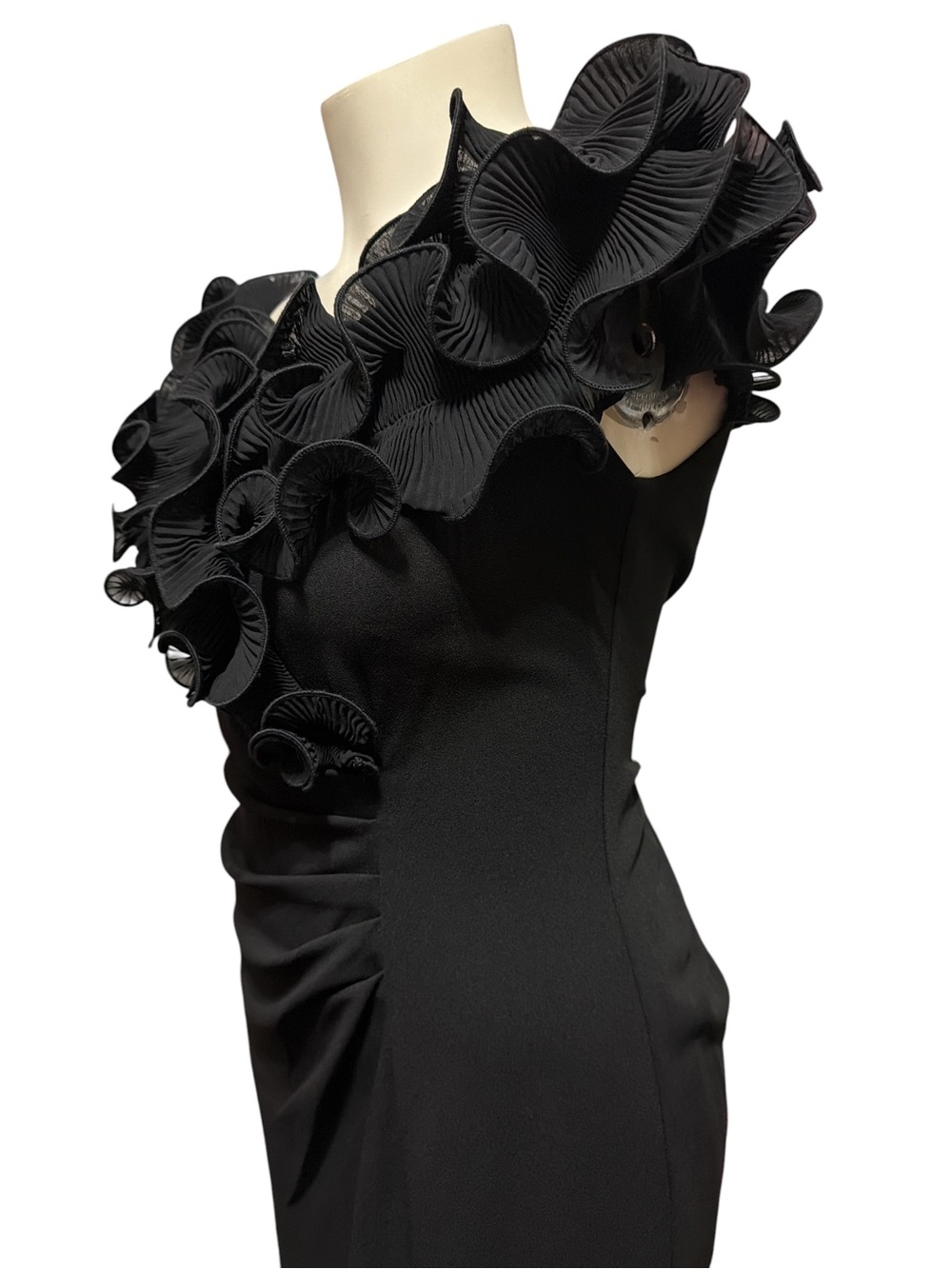 NWT Xscape Sz 16 Black Ruffle Off the Shoulder Scuba Crepe Midi Dress $228 - Picture 8 of 11